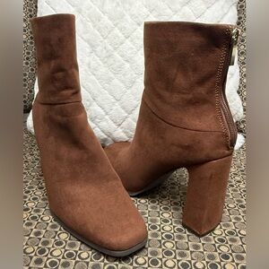 JustFab Chestnut Suede Block Heel Ankle Boots